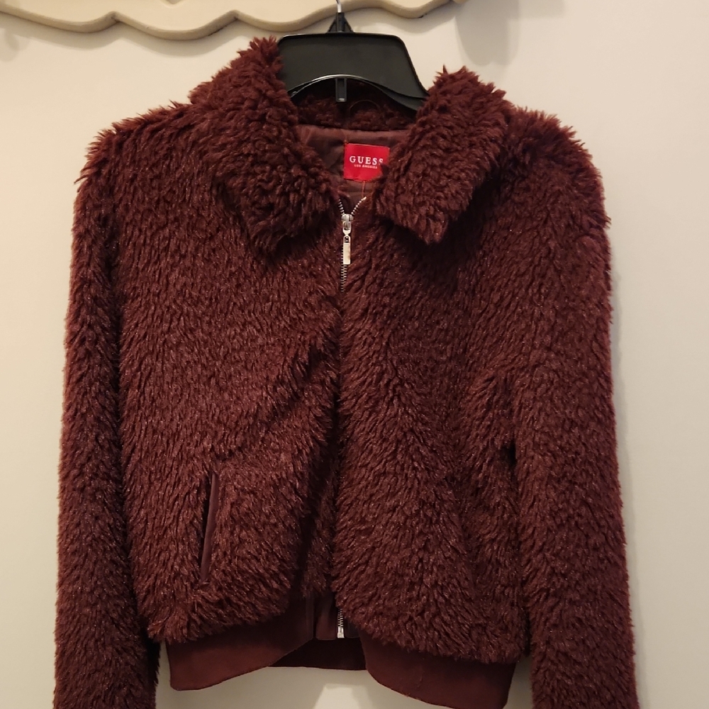 Guess Faux-Sherpa Zip Jacket in Deep Burgundy